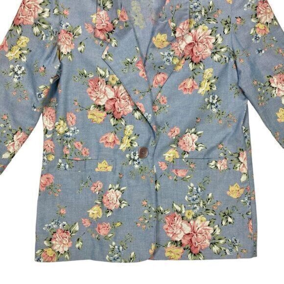 Alfred Dunner Linen Blazer Womens Sz 8 Blue Pink Floral Print 3/4 Sleeve Jacket - Picture 3 of 16